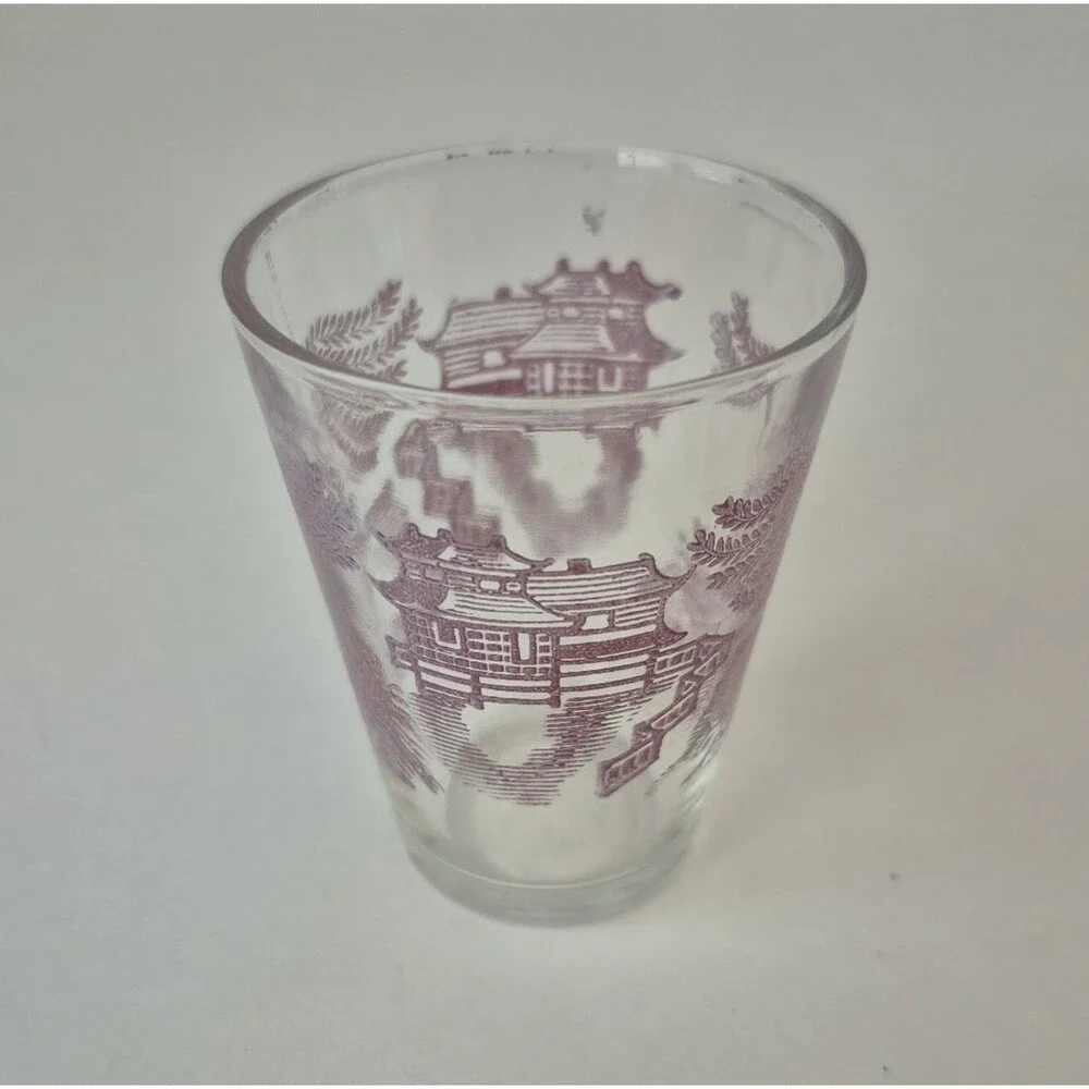 Federal Glass VTG Set of 5 Asian Pagoda Blue Willow Landscape MCM Shot Glasses